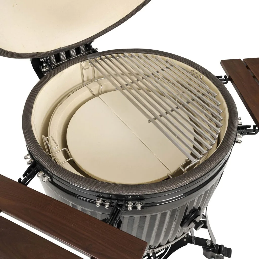 Interior view of Kamado Sumo large ceramic grill with cooking grates