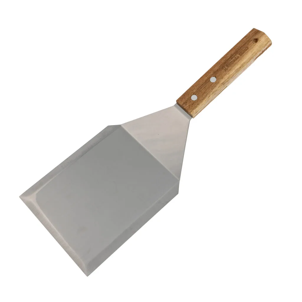 Stainless steel burger spatula with wooden handle