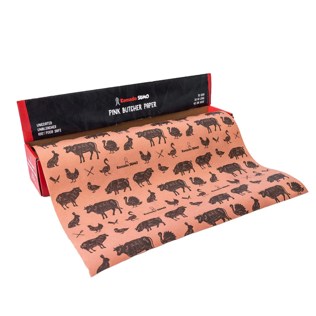 Roll of pink butcher paper with animal graphics