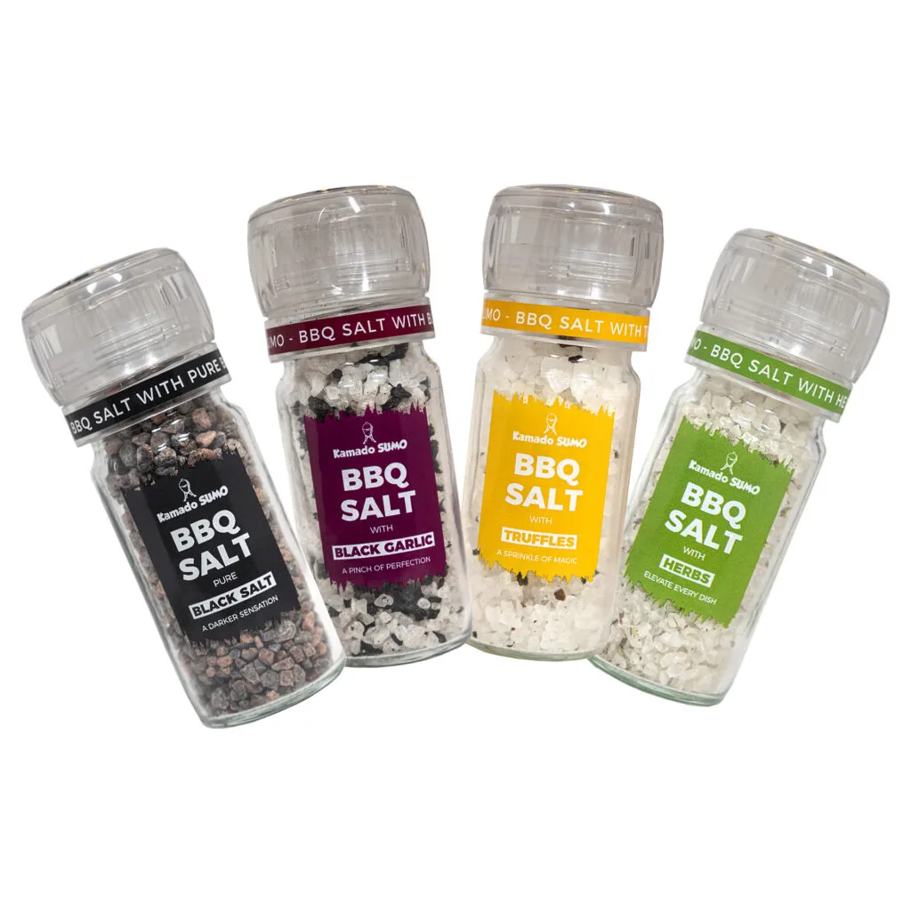 Variety of Kamado Sumo BBQ salts in clear containers