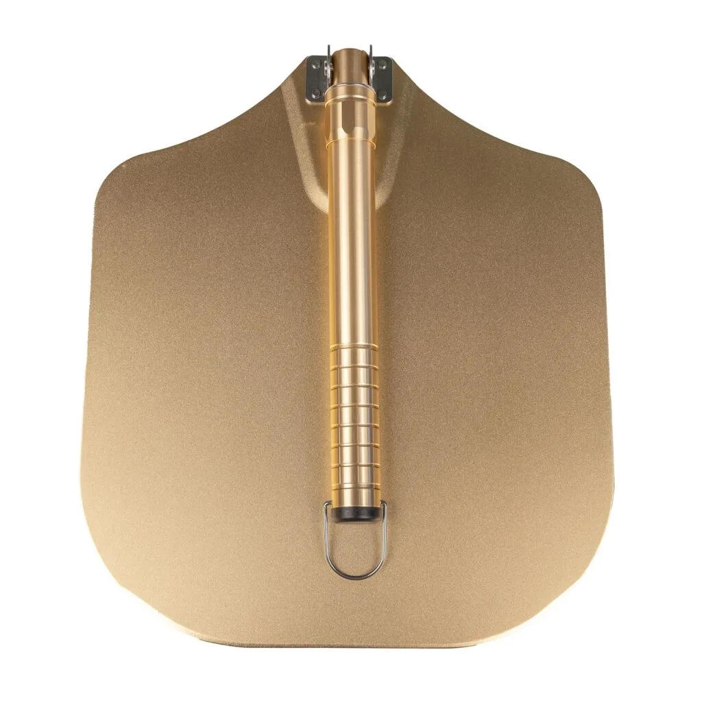 Gold foldable pizza peel with a wooden handle