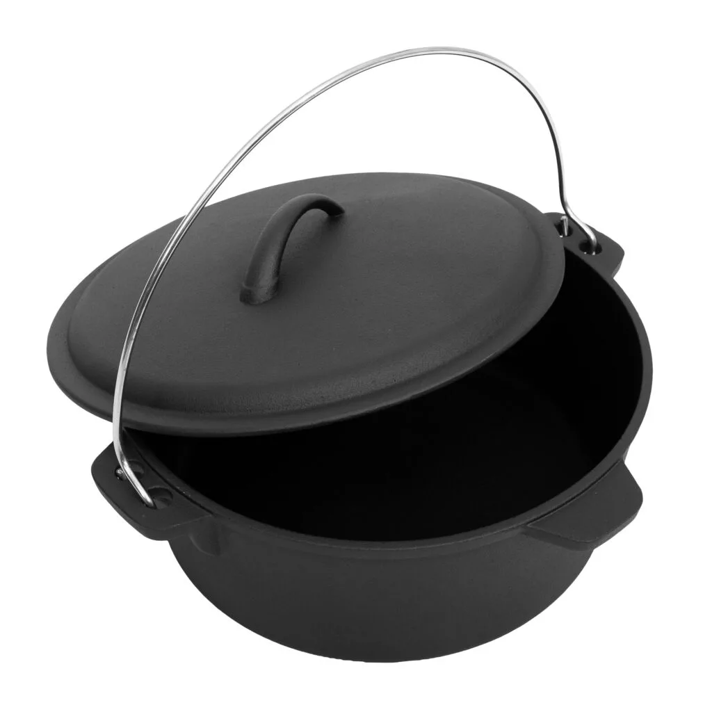 Black cast iron pot with lid and handle