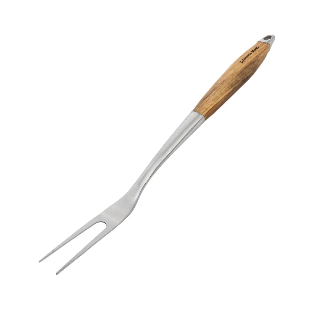 Stainless steel grilling fork with wooden handle