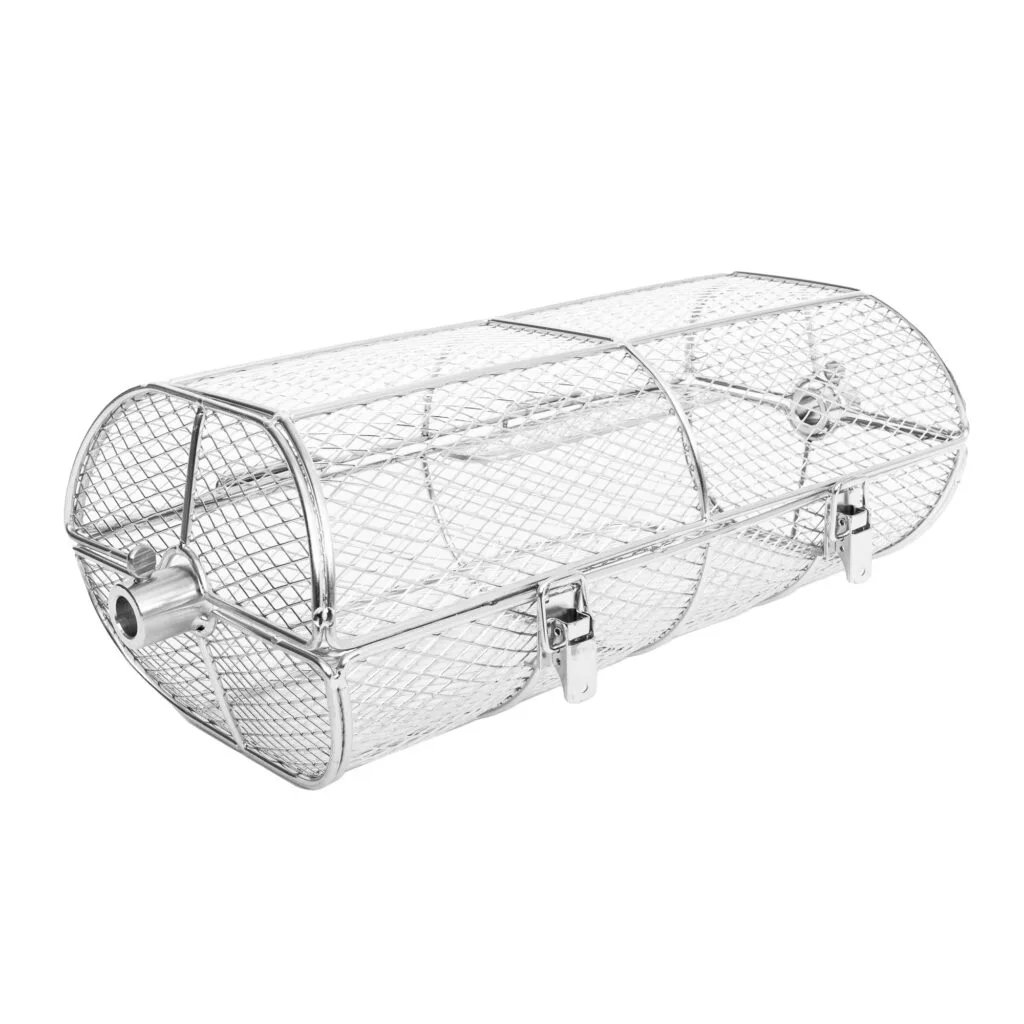 Stainless steel rotisserie basket for grilling
