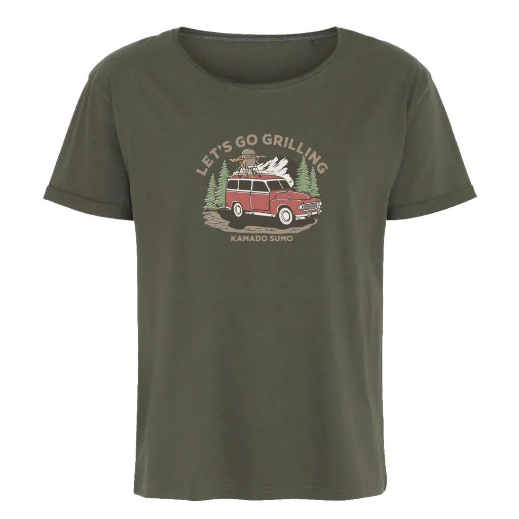 Olive green t-shirt with grilling graphic