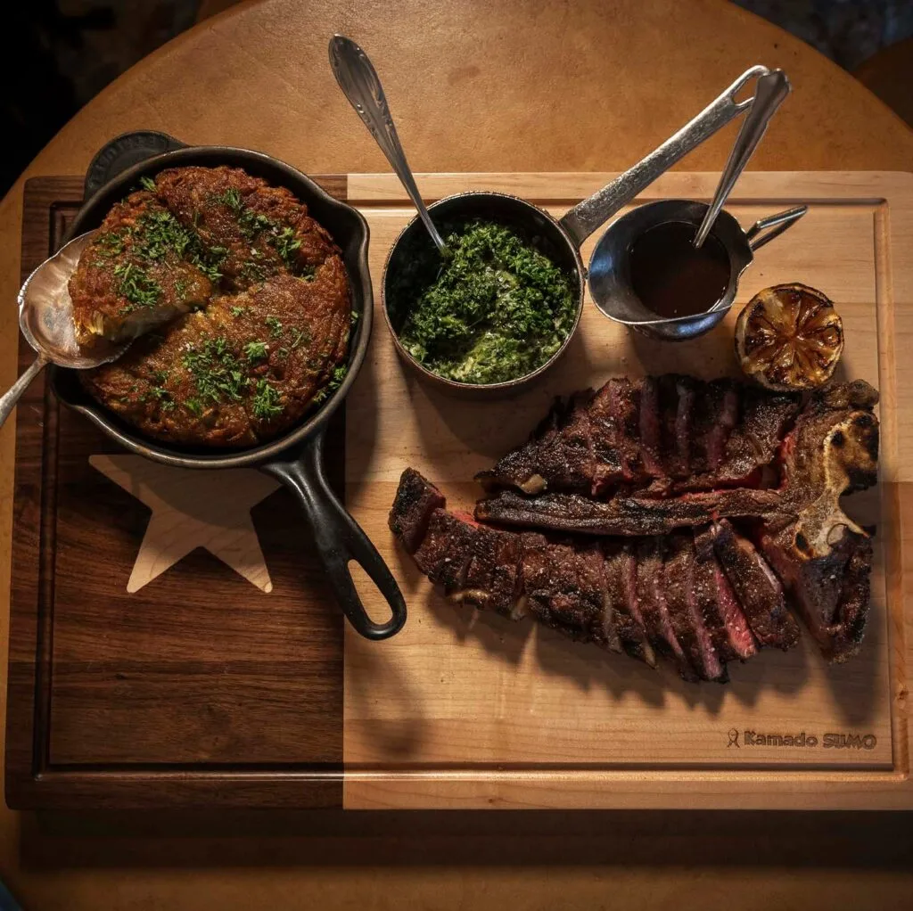 Porterhouse with Creamed Spinach and Hash Browns