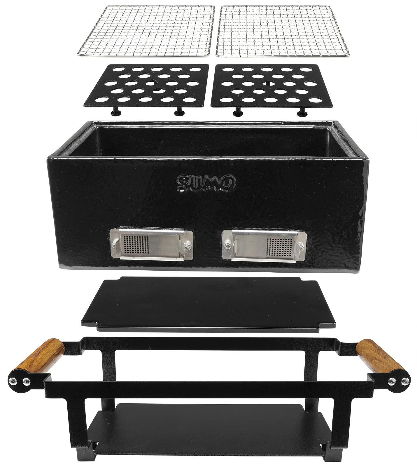 Sumo Hibachi in Einzelteilen: Grillroste, Kohleplatten, Keramikkörper und Metallständer